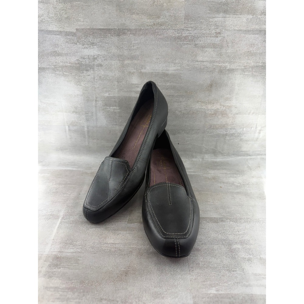 Clarks Artisan Women Black Leather Square Toe Low Wedge Loafer Pumps 85130 Sz 9M